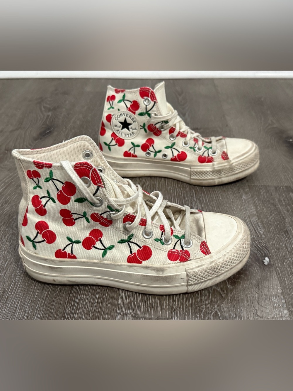 Converse Cream High Top Sneakers with Red Cherry Print | Size 7